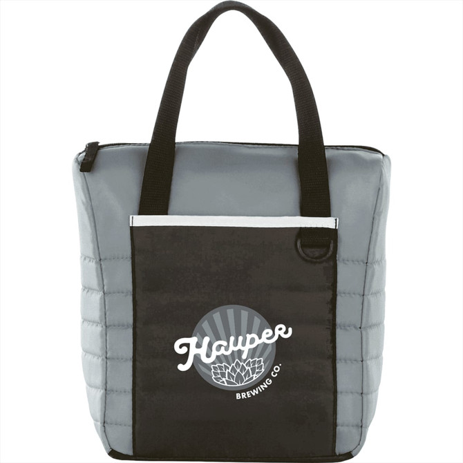 A quilted cooler bag in grey and black, featuring a logo on the front and sturdy handles.