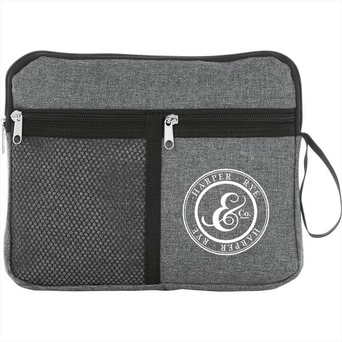 A grey multi-purpose travel bag with a zippered front pocket and a mesh section, featuring a logo.