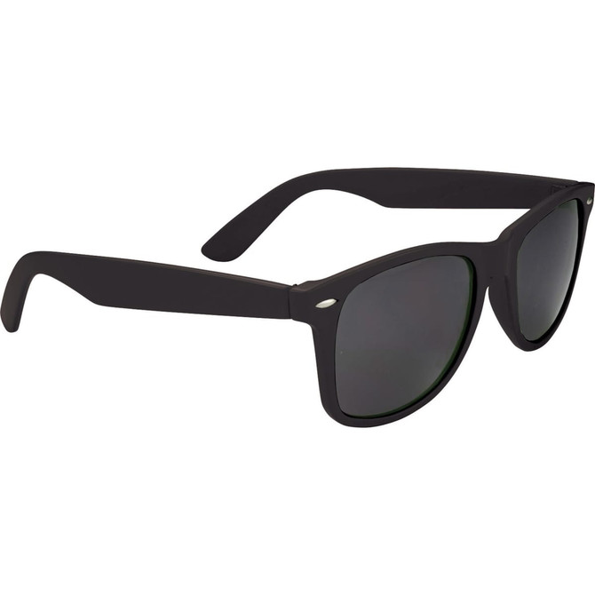 Black sunglasses with dark lenses and a sleek design. The product features a logo on the side.
