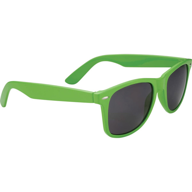 A pair of vibrant green sunglasses with dark lenses and a sleek design, featuring a logo on the side.