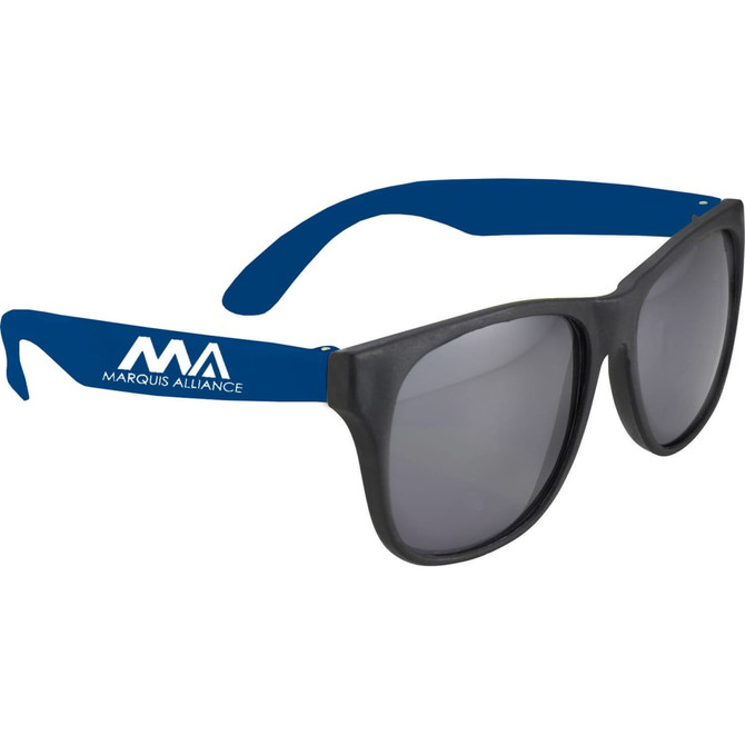 Retro promotional glasses featuring black lenses and navy blue arms, with a logo on one arm.