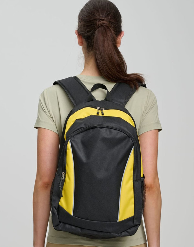 A black and yellow backpack with adjustable straps and a top handle, featuring a logo on the front.
