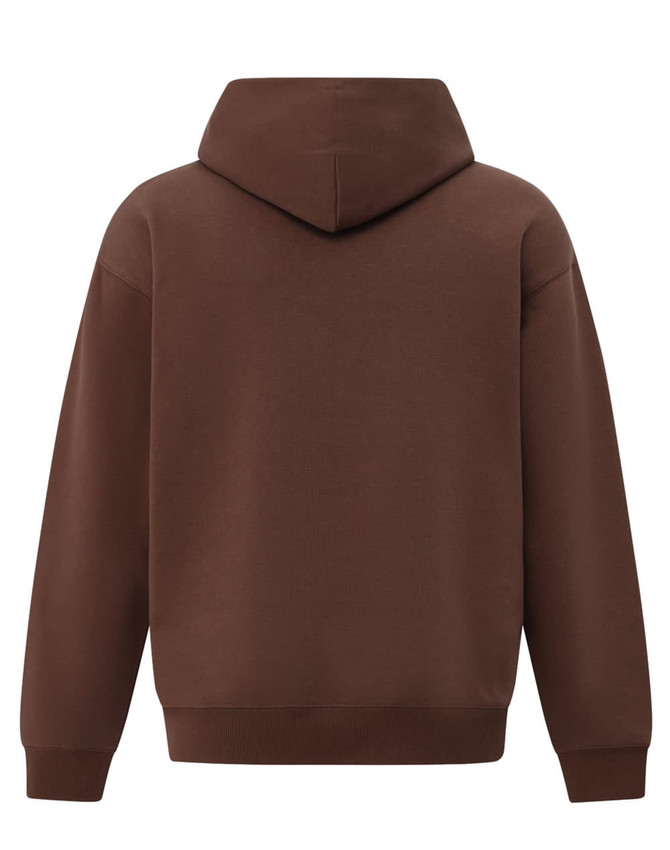 A brown oversized unisex premium fleece hoodie with a hood and no visible front detail.