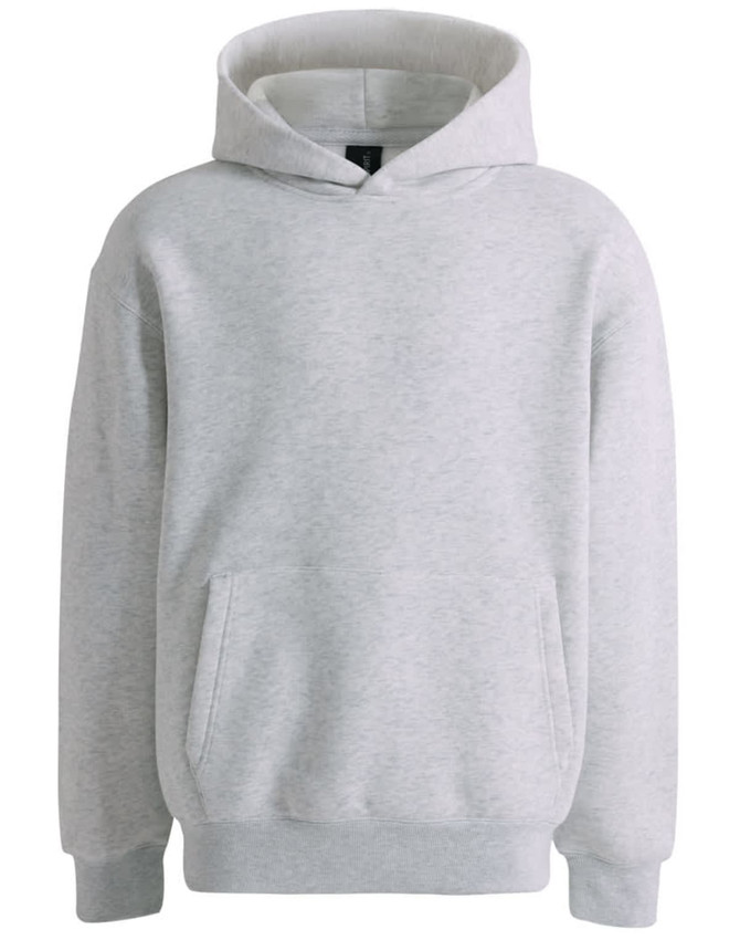 A grey unisex premium fleece oversized hoodie featuring a kangaroo pocket and a hood, with a logo on the front.