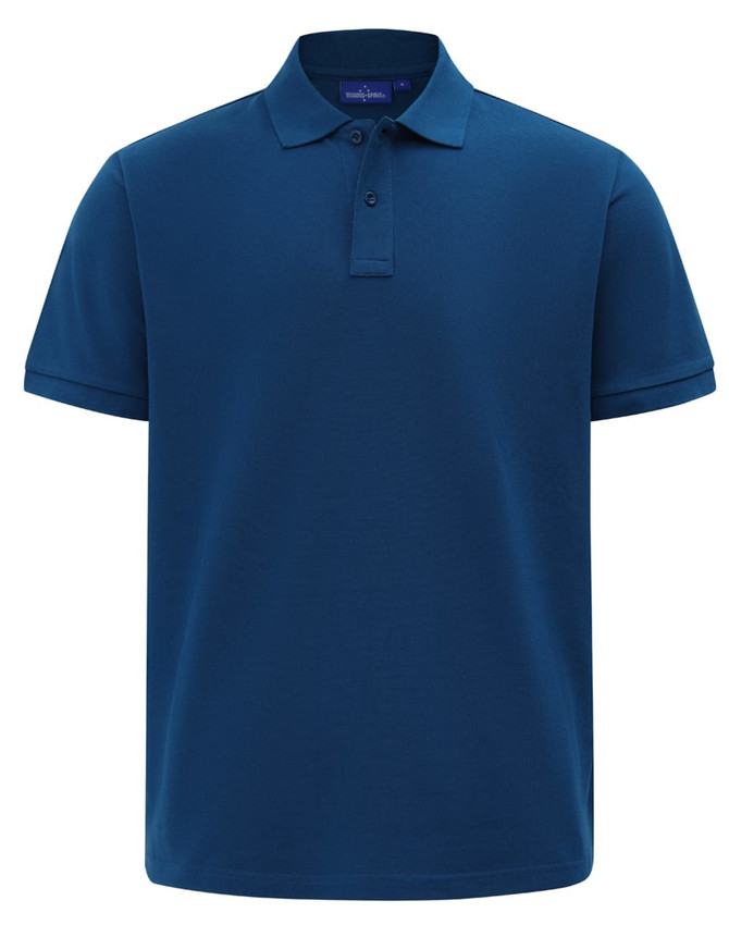 A men's short-sleeve polo in a deep navy blue, featuring a classic collar and a logo on the chest.