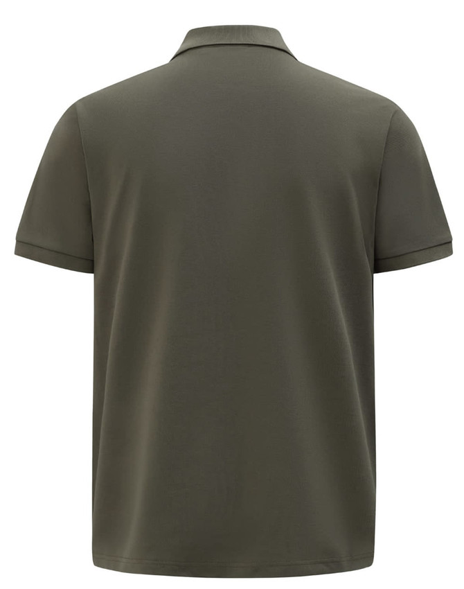 A men's short-sleeve polo shirt in a deep olive green colour, featuring a collar and a logo on the back.