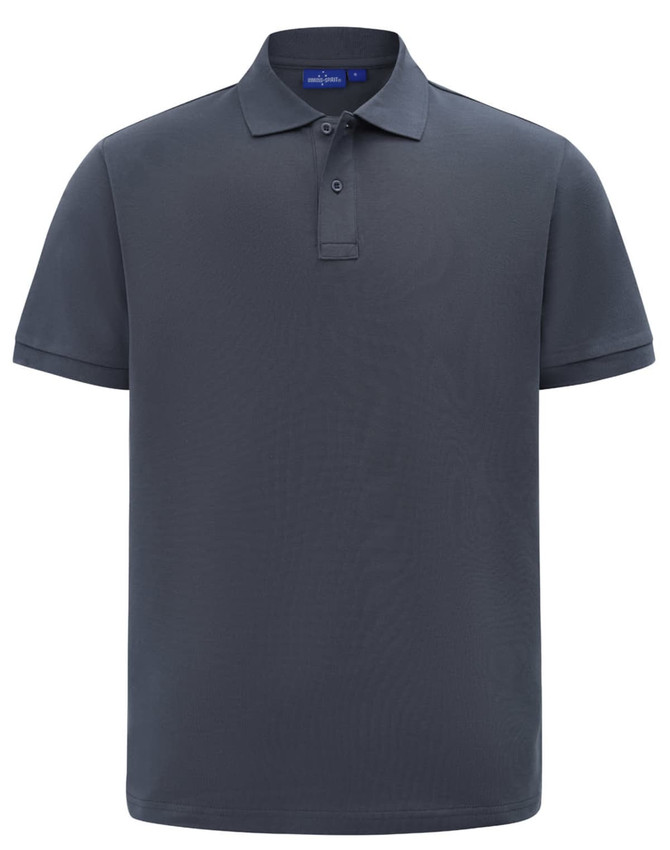 A men's short-sleeve polo in dark grey, made from cotton/poly pique fabric, featuring a branded logo.