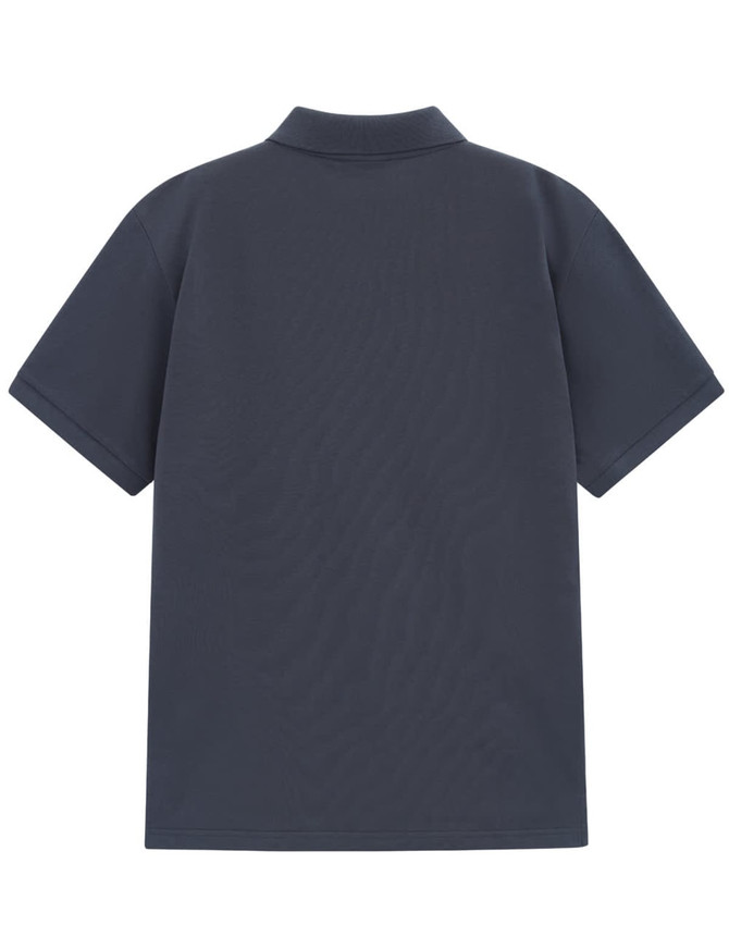 A navy blue men's classic cotton/poly pique short-sleeve polo shirt, featuring a collar and a logo.