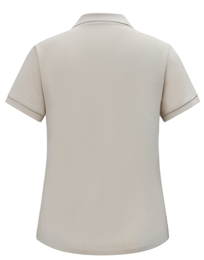 A beige ladies' short-sleeve polo shirt with a collar and logo detail on the back.