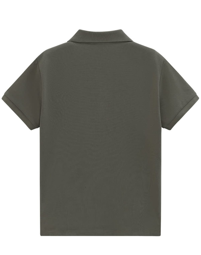 A dark green ladies' short sleeve polo shirt with a classic pique fabric and a logo on the back.
