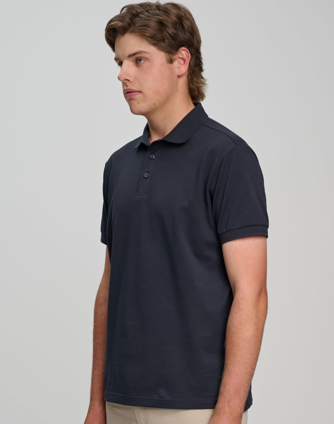 A men's ultrafine cotton pique polo in navy, featuring a classic collar and short sleeves, with a logo displayed.