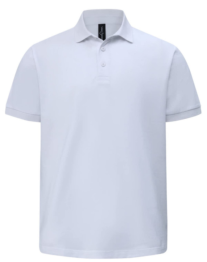 A white men's ultrafine cotton pique polo with a classic collar and short sleeves, featuring a logo on the neckline.