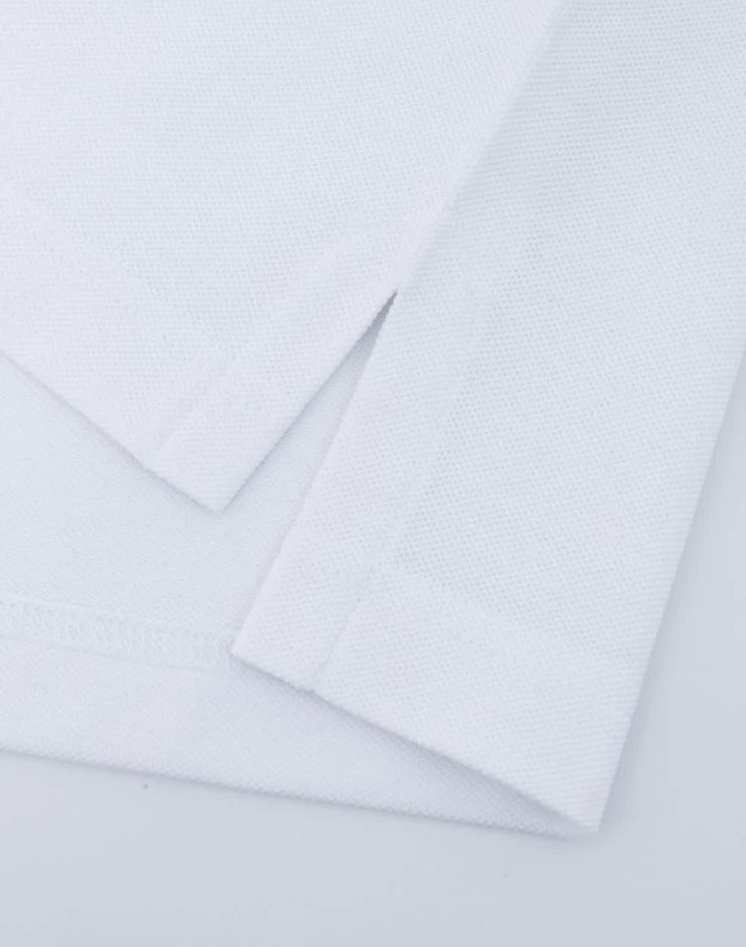 A Men's Ultrafine Cotton Pique Polo in white, featuring carefully stitched hems and a branded logo.