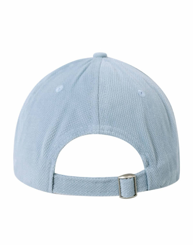 A light blue Jacquard Texture 5 Panel Cap featuring a rear adjustable strap and a logo.