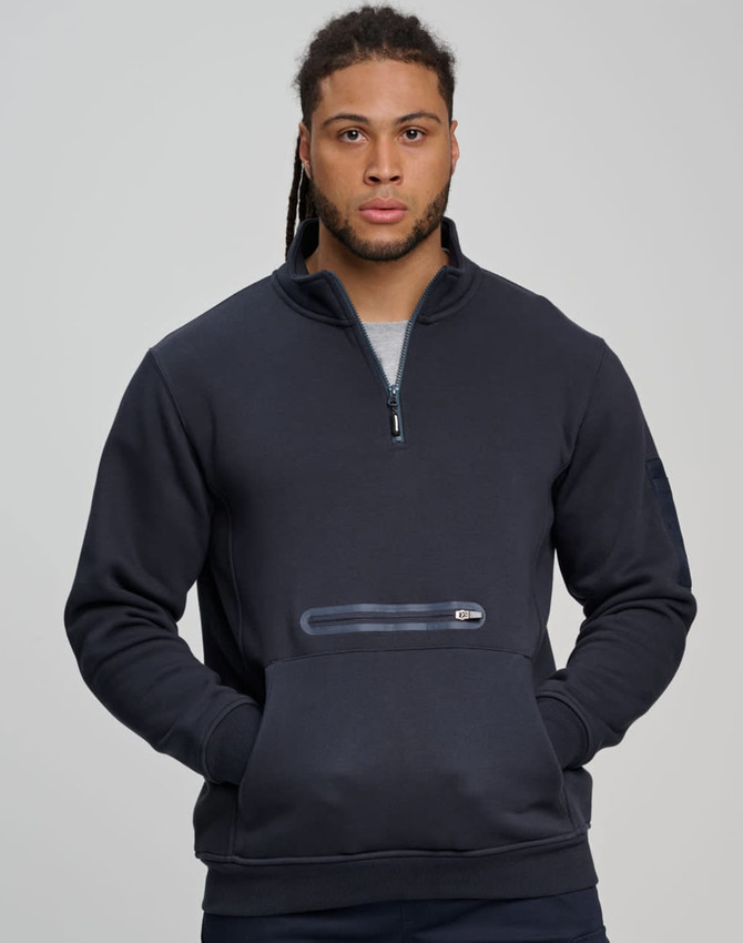 A unisex premium fleece half zip sweatshirt in navy, featuring a front pocket and a logo.