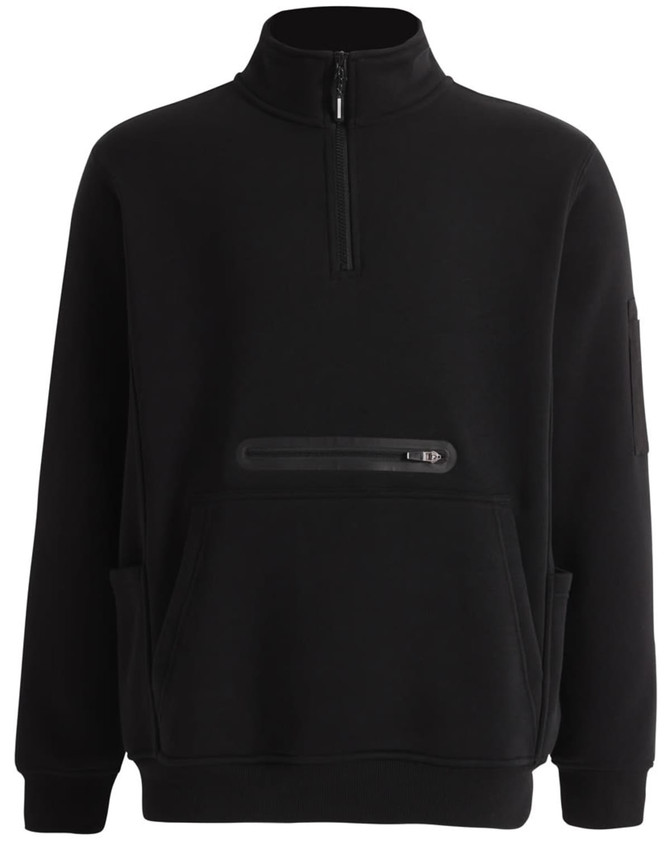 A black unisex premium fleece half zip work sweatshirt with a front pocket and a branded logo.
