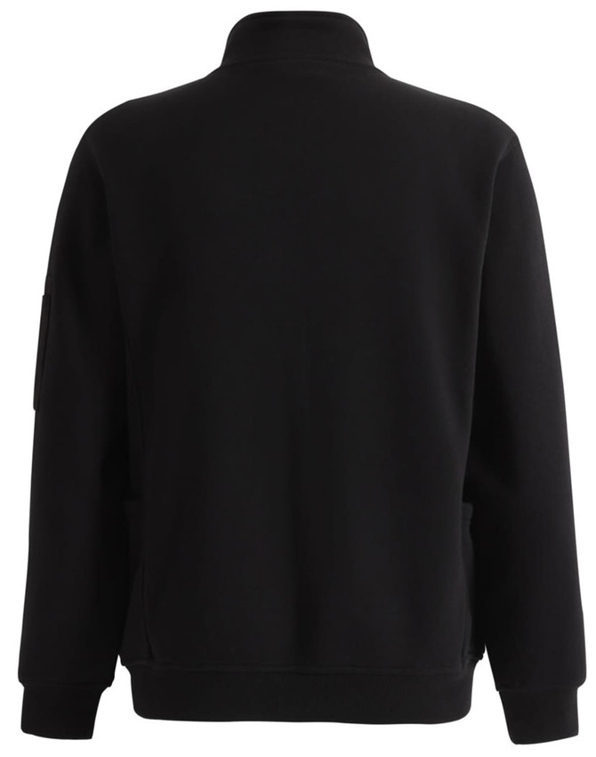 A black unisex premium fleece half zip work sweatshirt featuring a collar and a simple design.