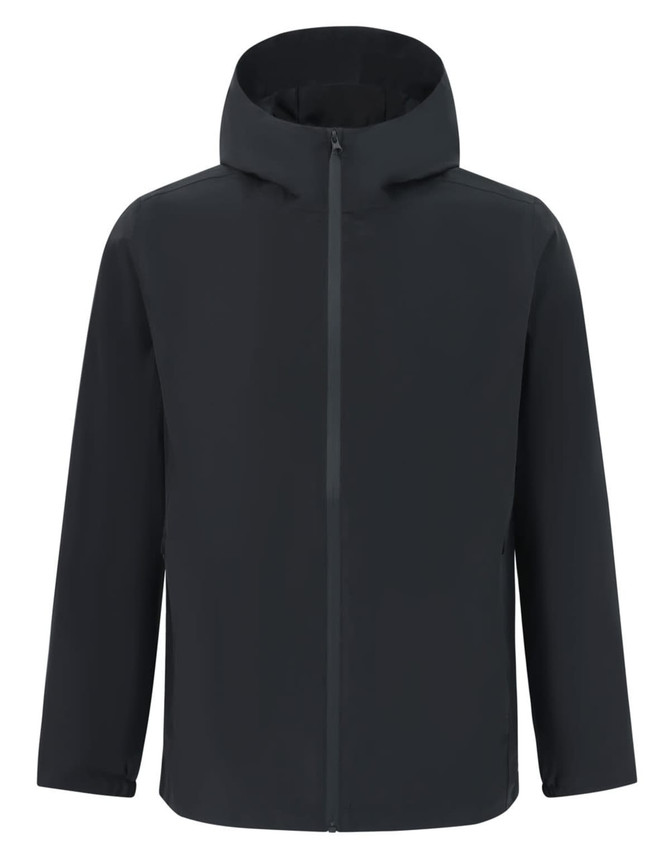 A unisex black waterproof jacket with a hood and front zipper, featuring a logo on the material.