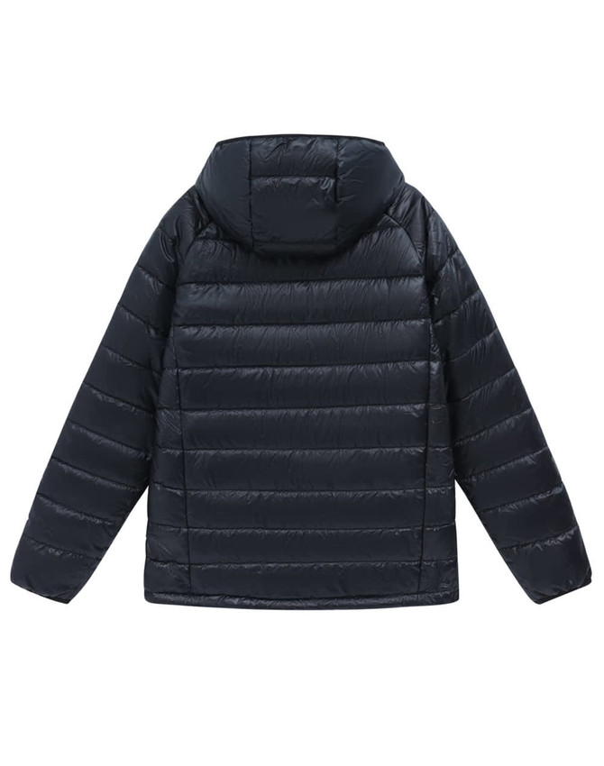 A lightweight hooded puffer jacket in black, featuring a padded design and a hood at the back. 