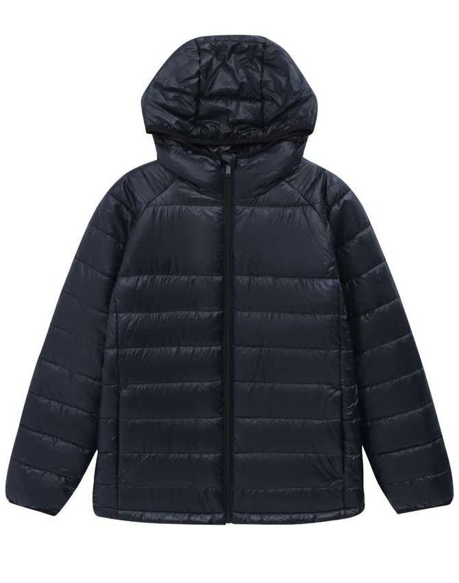 A lightweight hooded puffer jacket in navy blue, featuring a zip front and a hood. Includes a logo on the jacket.