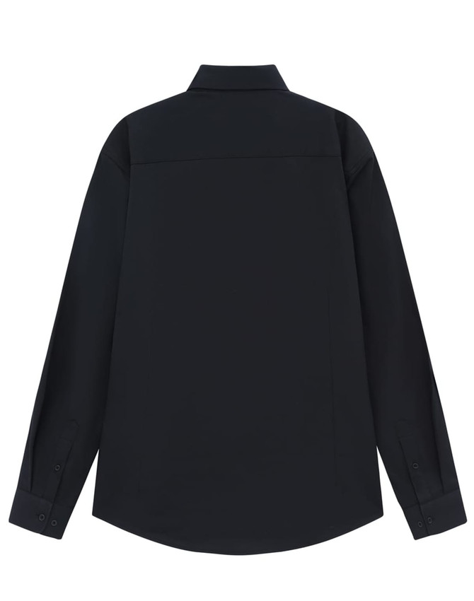 A black long-sleeve shirt made from a cotton blend, featuring a back yoke and buttoned cuffs. Includes a logo.