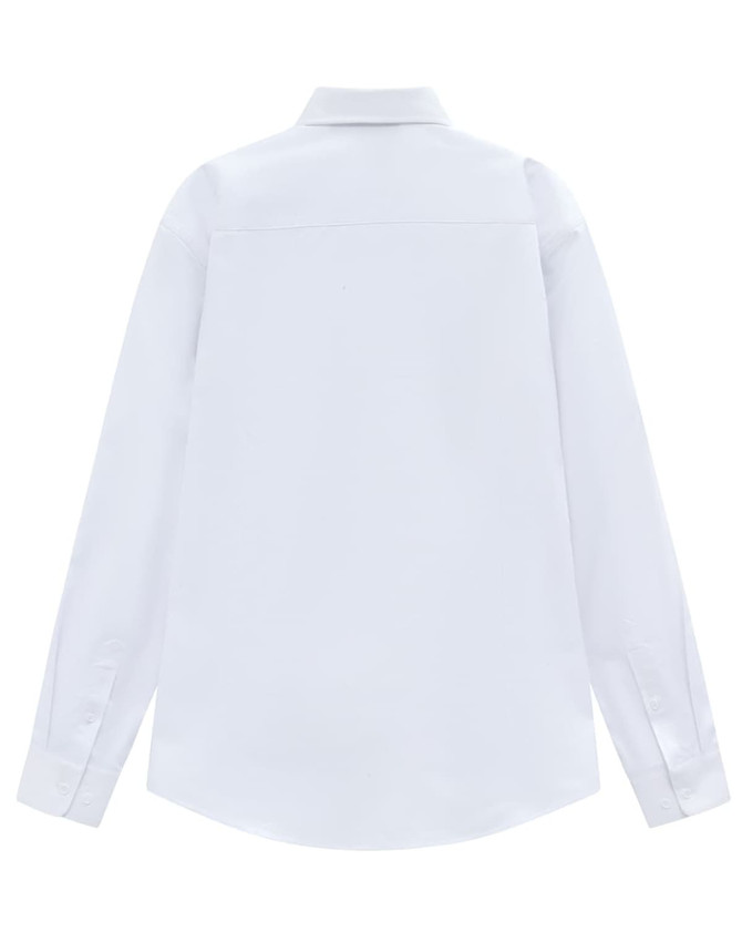 A white long-sleeve cotton blend shirt with a collar and a back yoke detail. Features a logo.