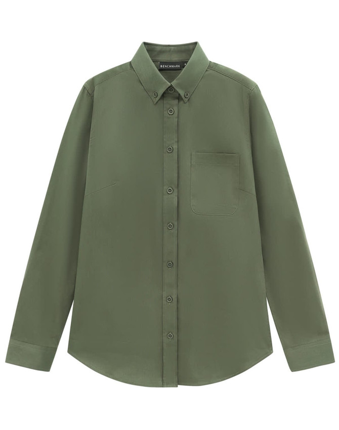 A long-sleeve, smart casual shirt in olive green with a button-up front and a chest pocket. It features a logo.
