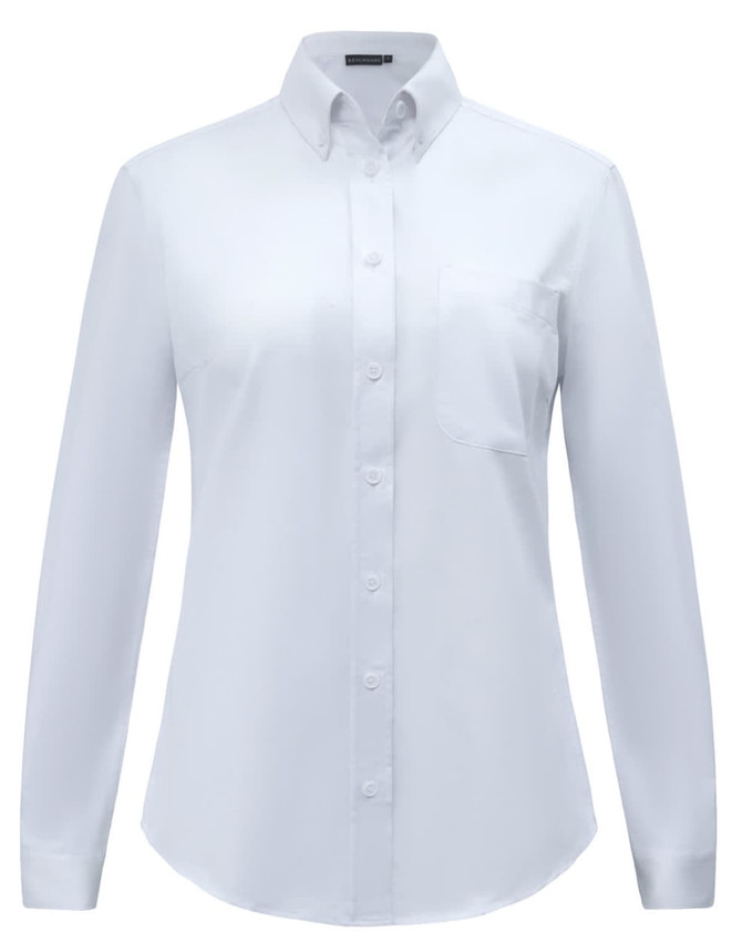 A white long-sleeved cotton blend shirt for women with a collar and a pocket on the chest. It features a logo.