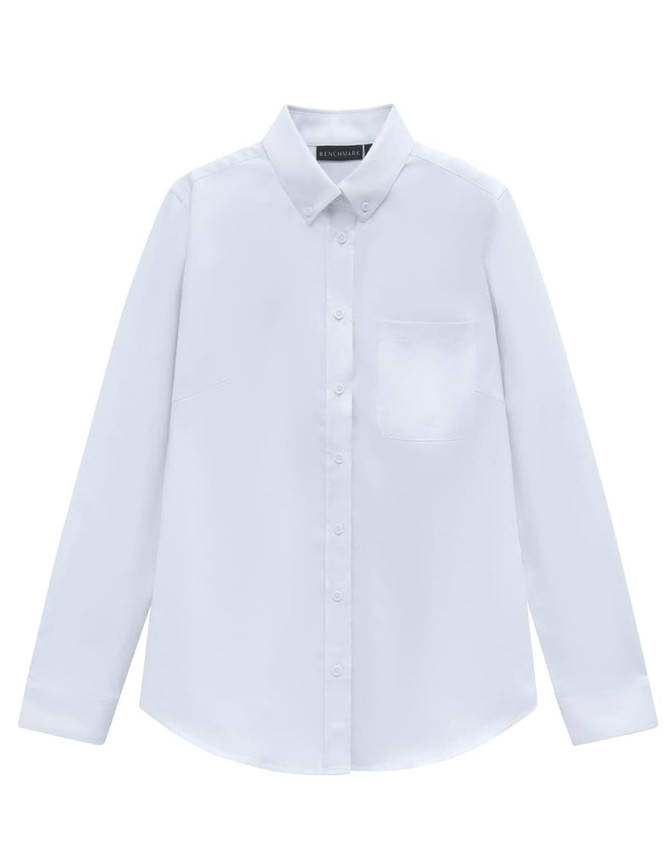 A white long-sleeved cotton blend shirt with a button-up front and a single chest pocket. It features a collar and has a logo.