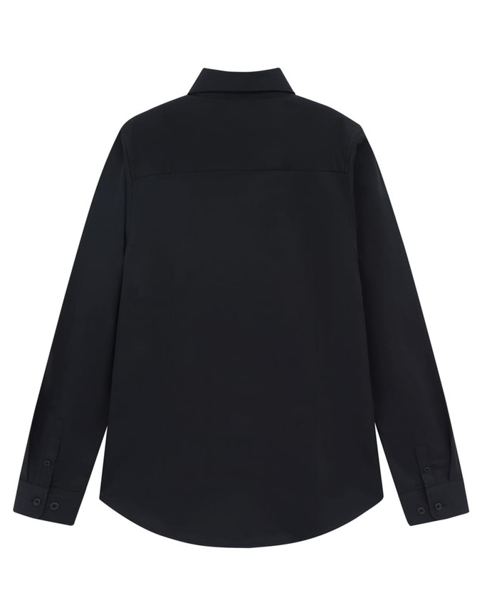 A black long-sleeved shirt with a collar and button cuffs, featuring a back yoke and tailored design.