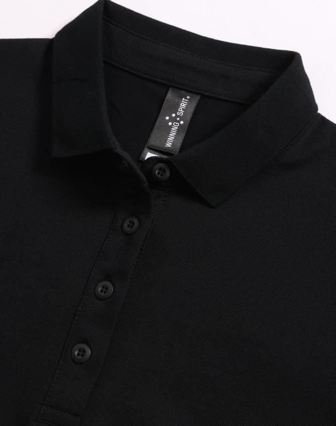 A black ultrafine cotton pique polo featuring a collar and buttons, with a logo present on the label.