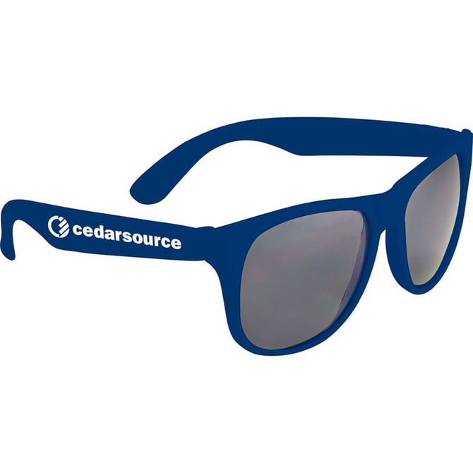 Retro promotional sunglasses in navy blue with mirrored lenses and a logo on the side. Ideal for outdoor activities.
