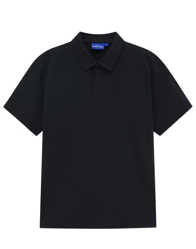 A black polo shirt with a classic collar, featuring short sleeves and a logo on the collar.