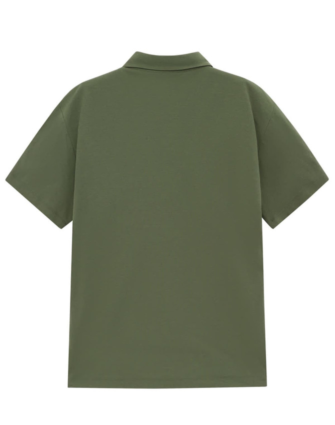 A men's high-performance polo in olive green, featuring a classic collar and short sleeves. Includes a branding logo.