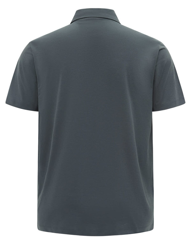 A grey men's polo shirt with a short sleeve and a collar, featuring a logo on the back.