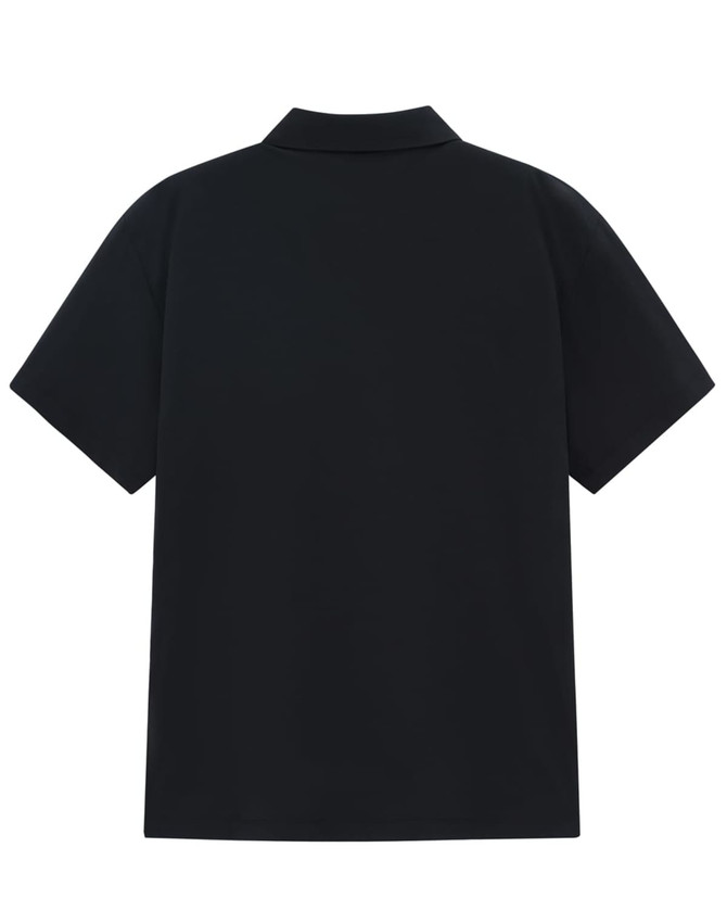 A black men's polo shirt featuring a classic collar and short sleeves, with a logo on the back.