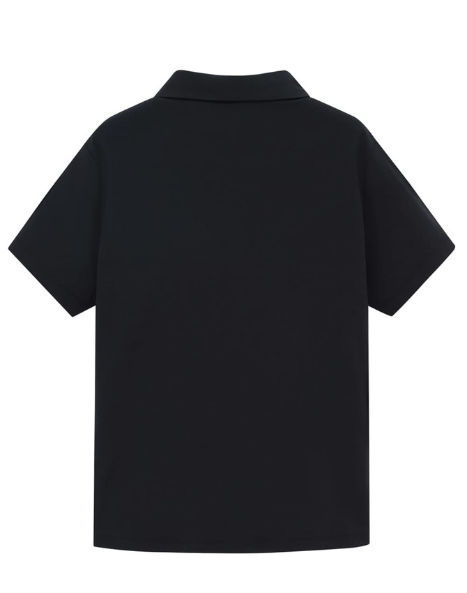 A black high-performance polo shirt with a collared design and short sleeves. Features branding on the garment.