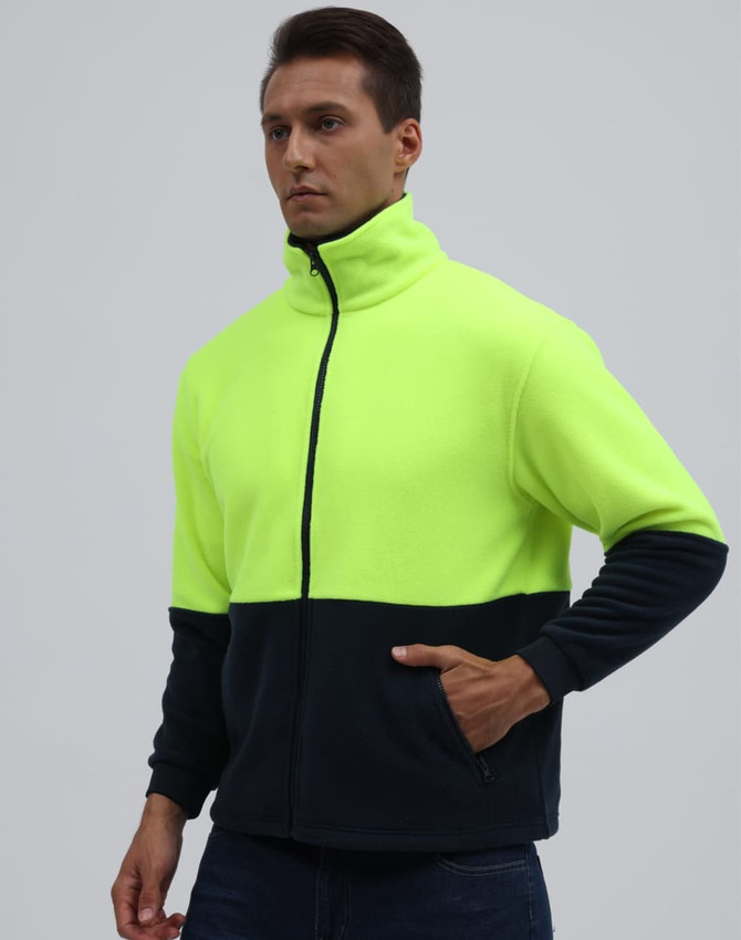A high-visibility polar fleece full zip jacket in bright yellow and navy blue, featuring a zip front and pockets.