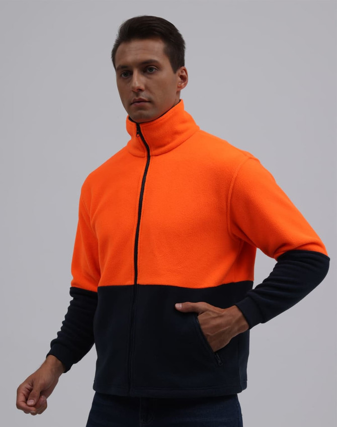 A full zip jacket in hi-vis orange and navy fleece, featuring a high collar and front pockets. It has a logo.