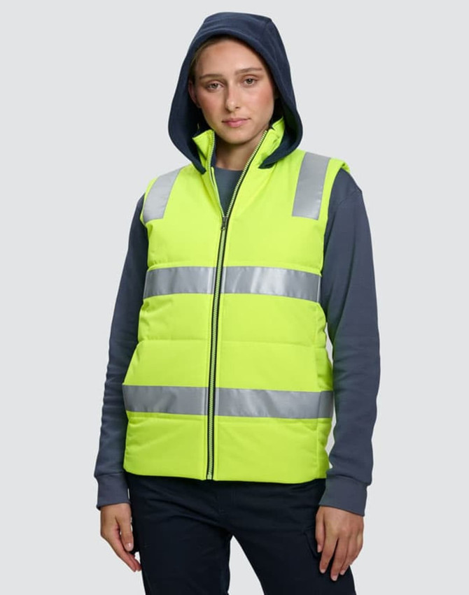 A unisex hi-vis hooded puffer vest in bright yellow with reflective stripes, featuring a hood and a zipped front.