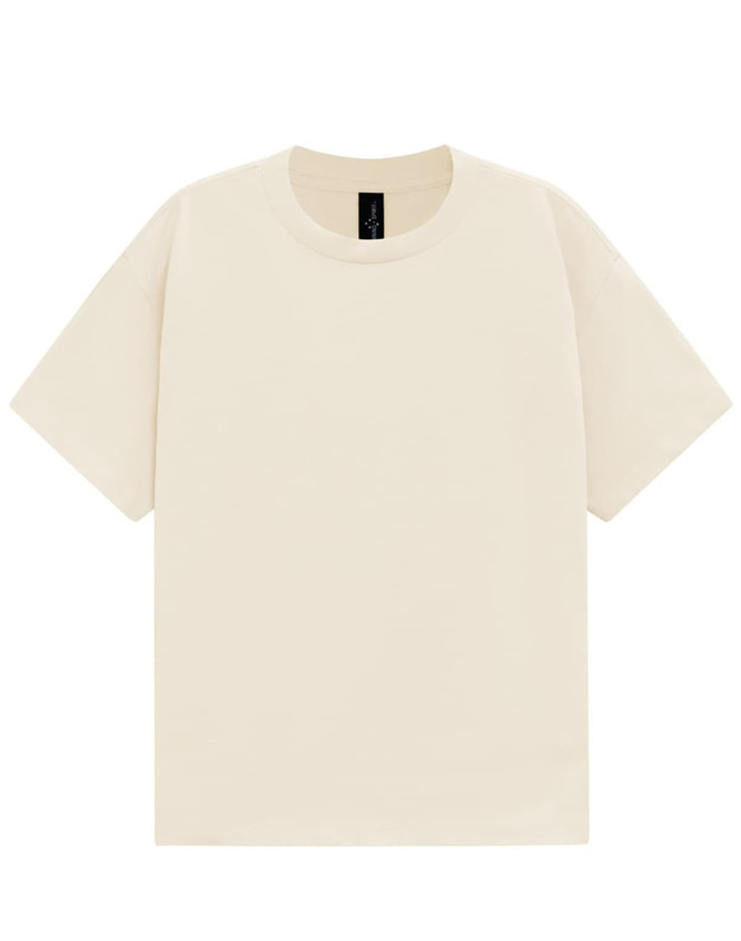 A unisex heavy cotton oversized tee in a cream colour. The shirt features a logo on the label.