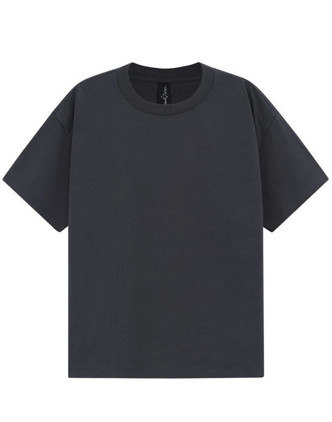 An oversized unisex tee in dark grey with a crew neck and short sleeves, featuring a logo.