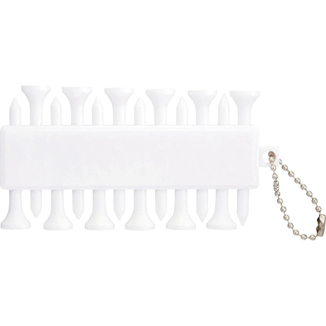 A white golf ball marker set with multiple markers attached to a chain for easy access and organisation.
