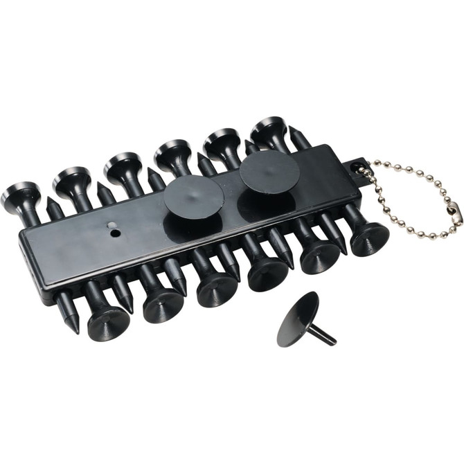 A set of black golf ball markers with a holder and a keychain, featuring several markers and a removable marker.