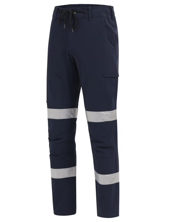 Navy work pants with reflective tape and multiple pockets, featuring a drawstring waist. Includes a logo.