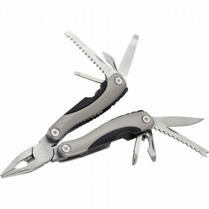 A multi-tool with pliers, various blades, and tools in silver and black, featuring a branding logo.