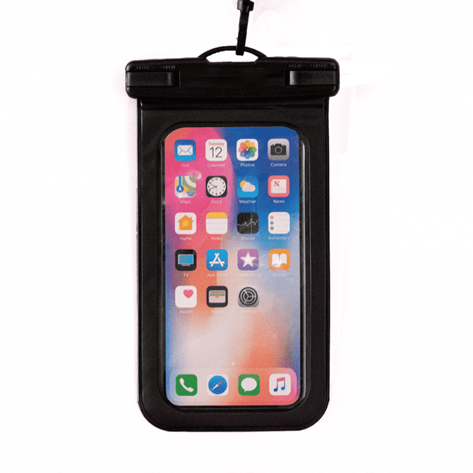A waterproof phone pouch in black, designed to protect a smartphone, with a clear front for visibility.