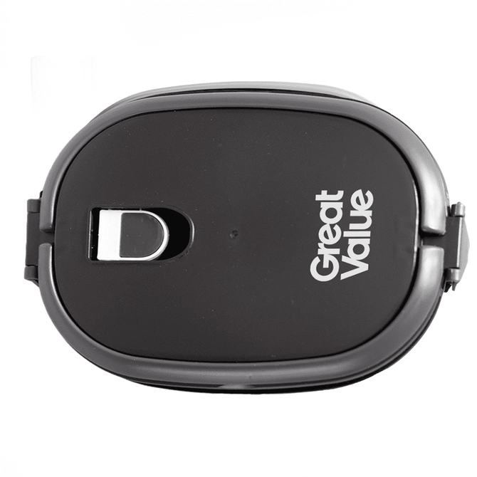 A lunch box in black with a grey clasp and a logo. Designed for convenient storage and transport.
