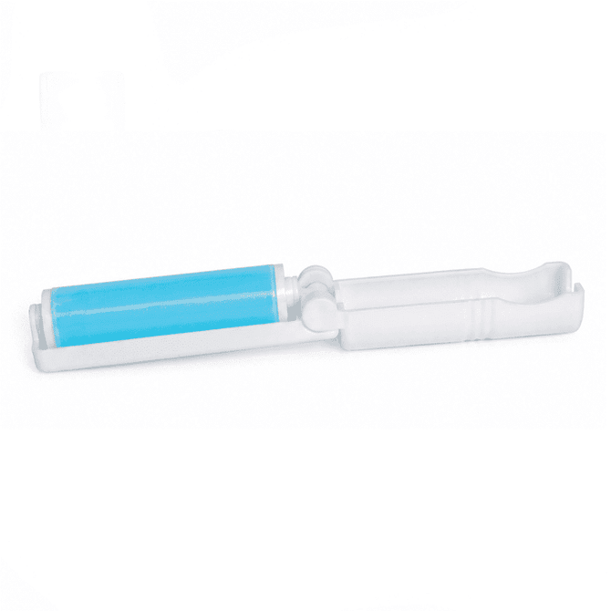 A lint remover with a white handle and a blue adhesive roller. It features a compact design and has a logo.