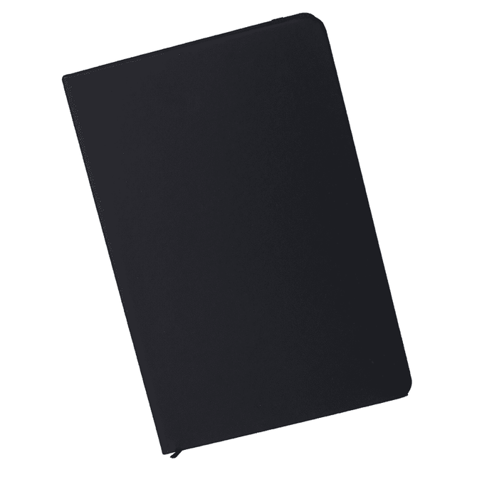 A black A5 notebook with a smooth cover and a logo on the front.